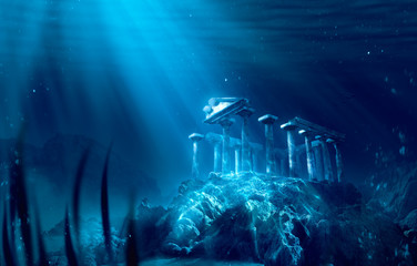 lost civilization of atlantis sunken deep in the ocean / 3d rendering