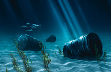 Oil Barrels Sinking Deep Into The Ocean Spilling All Of Their Contents In The Water / 3D Illustration