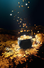 3D Illustration Of A Cauldron On A Pile Of Golden Coins