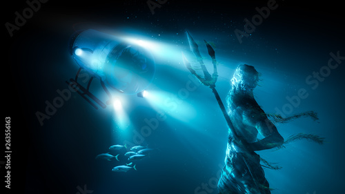 Fotografía Statue of poseidon sunk in the ocean lit by a research submarine
