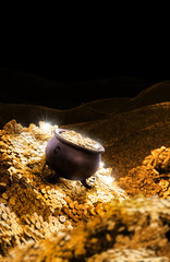 Wall Mural - 3D illustration of a cauldron on a pile of golden coins