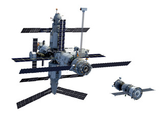 Wall Mural - space station and spacecraft isolated on white background