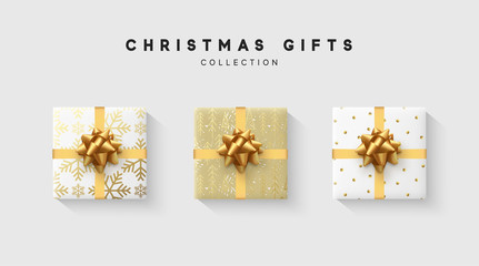 Poster - Christmas collection of gift box with bow and ribbon, is packed in funny foil pattern winter