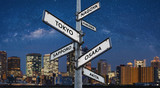 Fototapeta Miasta - Famous travel destination city in Japan on directional road sign, Travelling choices in Japan, Asia