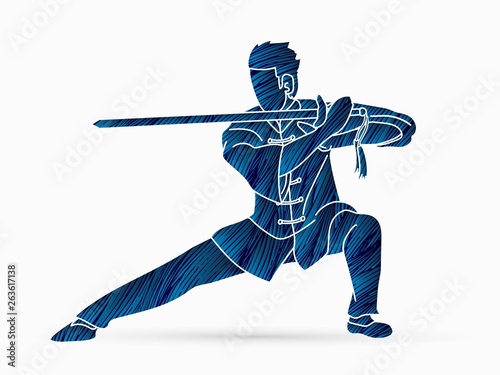 Dekoracja na wymiar  czlowiek-z-akcja-miecza-wektor-graficzny-pozy-kung-fu