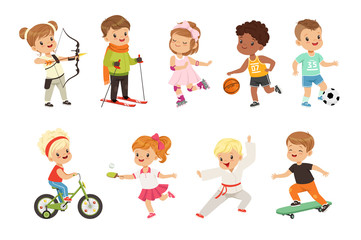 Sticker - Cute little children playing different sports, soccer, basketball, archery, karate, cycling, roller skating, skateboarding sport vector Illustrations on a white background