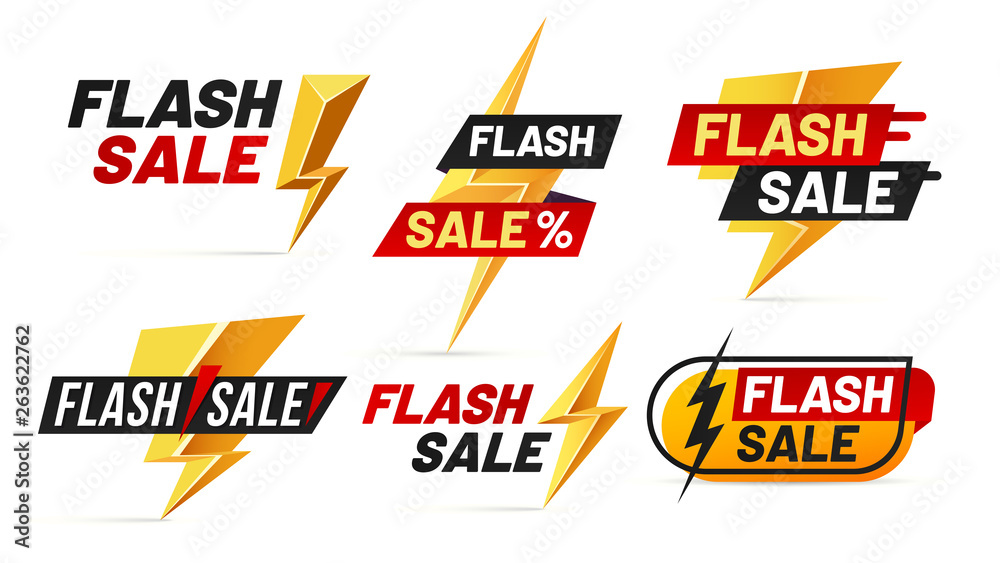 Flash sale. Mega sales lightning badges, best deal lightnings poster and buy only today offer badge vector illustration set - obrazy, fototapety, plakaty 