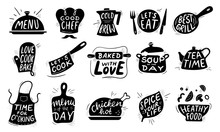 Kitchen Food Lettering. Gourmet Cooking Foods Badge, Chicken Recipes Cook And Restaurant Menu Letterings Vector Illustration Set