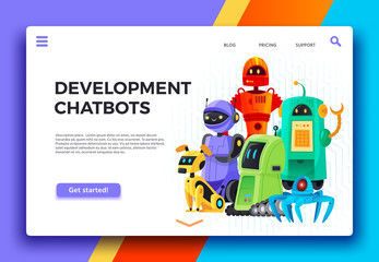 Poster - chatbots development. digital chatbot assistant, friendly robots and assistance robot landing page c