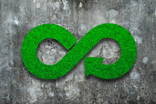Green Eco-friendly And Circular Economy Concept. Infinity Arrow Recycling Symbol With Green Grass Texture On Dirty Concrete Wall Background.