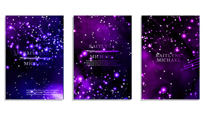 magic night dark blue sky with sparkling stars vector wedding invitation. andromeda galaxy. gold gli