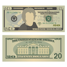 Twenty Dollars Bill. 20 US Dollars Banknote, From Front And Back Side. Vector Illustration Isolated On White Background