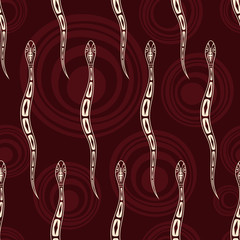 Wall Mural - Seamless pattern of snakes silhouettes with abstract circles on background. Australian art.