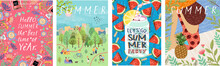 Hello Summer! Cute Vector Illustration For Summer Backgrounds, Cards, Posters And Flyers. Drawings From The Hands Of The Woman On The Beach, Soda And Leisure People In The Park
