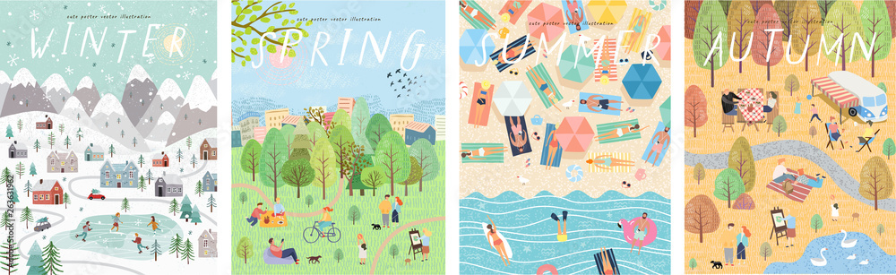 Vector posters of the seasons: winter, spring, summer, autumn; Illustrations of people and families in nature and the landscape, on holiday on the beach, in the park and in the city. Top view - obrazy, fototapety, plakaty 