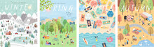Vector Posters Of The Seasons: Winter, Spring, Summer, Autumn; Illustrations Of People And Families In Nature And The Landscape, On Holiday On The Beach, In The Park And In The City. Top View