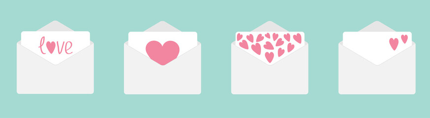 Four envelope with hearts set line. Happy Valentines Day. Love card. Flat design. Blue background. Isolated.