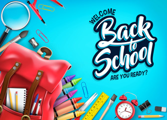 top view back to school in blue background banner with red backpack and school supplies like noteboo