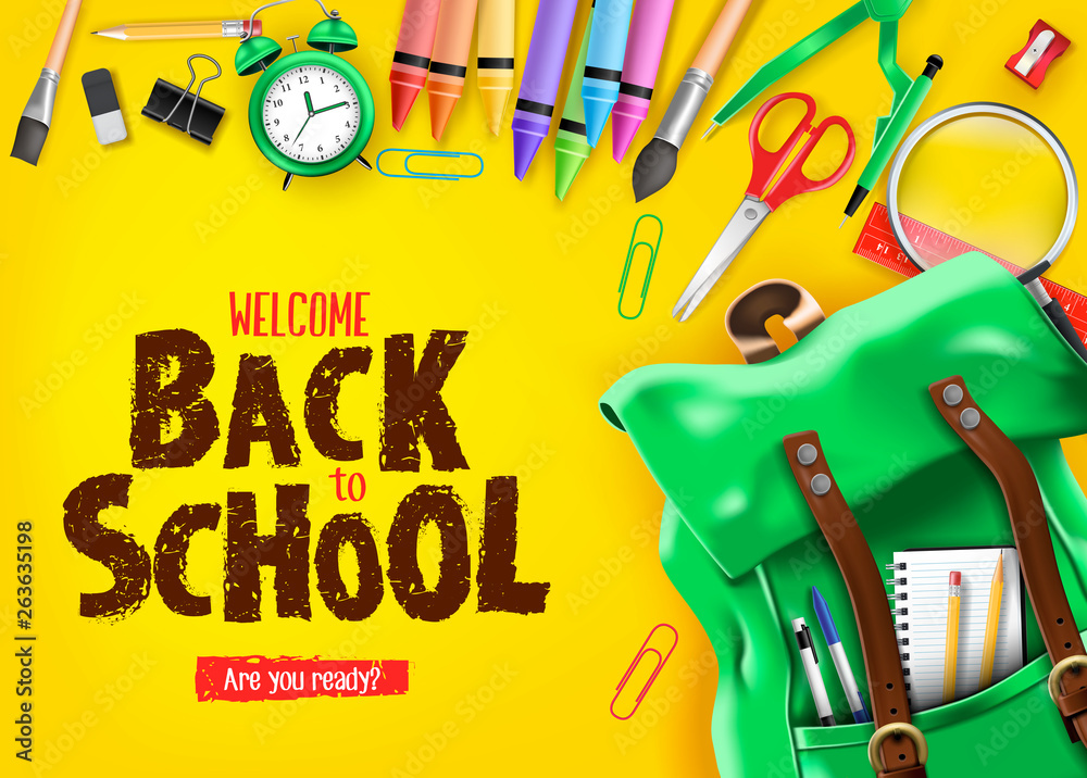 Back to School In Yellow Background Banner with Green Backpack and ...
