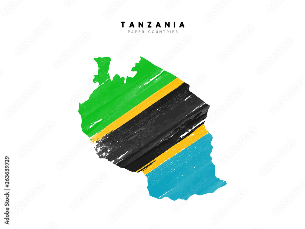 Tanzania detailed map with flag of country. Painted in watercolor paint colors in the national flag - obrazy, fototapety, plakaty 