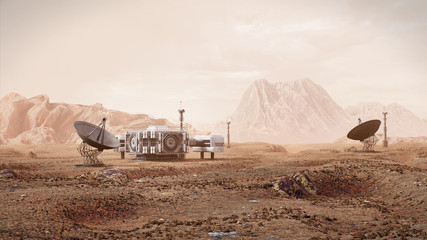 Wall Mural - base on mars, first colonization, martian colony in desert landscape on the red planet (3d space ren