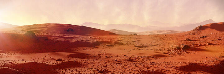 Wall Mural - landscape on planet mars, scenic desert on the red planet (3d space rendering banner)