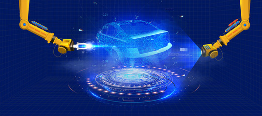 Fototapete - Automated robotic arm on the car production line is  welding car body on automobile factory. The robots draw the outline of the concept car with a laser and hologram. Futuristic car in style HUD GUI.