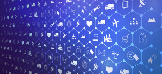 Wall Mural - Internet of things (IoT) and networking concept for connected devices. Spider web of network connections with on a futuristic blue background EPS10