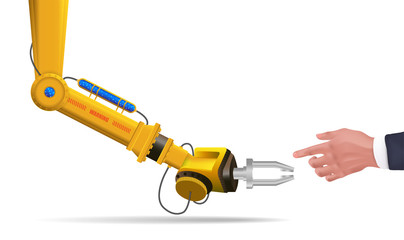 Fototapete - Robotic arm futuristic HUD. Robot hand touch human hand. Symbol of connection and interaction a concept of automatization, machinery, robotic technology, industrial revolution, artificial intelligence