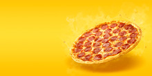 Creative Layout Of Hot Delicious Pizza With Smoke In Flying On Summer Orange Background. Pizza Pepperoni Design Mockup Flyer Or Poster For Promotions And Discounts With Copy Space. Fast Food Concept