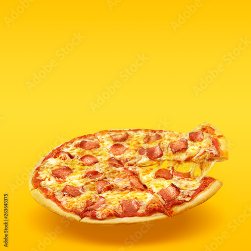 Creative Layout Of Hot Delicious Pizza In Flying On Summer Orange Background Pizza Pepperoni Design Mockup Flyer Or Poster For Promotions And Discounts With Copy Space Fast Food Concept Buy This