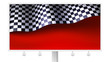 Chequered flag with creases on realistic billboard. Sports background with finishing flag on red backdrop, vector. Template for races, competitions, lotto, bookmakers office, promotion of rates