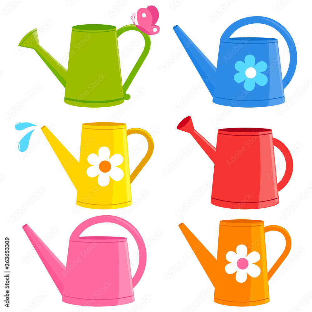 Colorful watering cans. Vector illustration collection. - obrazy, fototapety, plakaty 