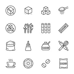 Wall Mural - Sugar cane, cube flat line icons set. Sweetener, stevia, bakery products vector illustrations. Outline signs for sugarless food. Pixel perfect 64x64. Editable Strokes