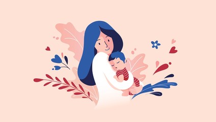 Vector Illustration Of Mother Holding Baby Son In Arms. Floral Background.