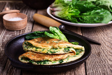 Spinach Omelette In Cast Iron Skillet, Healthy Vegetarian Breakfast