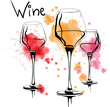 A set of vector and watercolor drawings of glass of rose, red, and white wine with splashes of paint, on white background