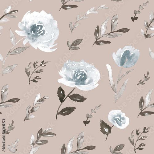 Floral pattern in blue, taupe and grayish pink. Seamless watercolor print.
