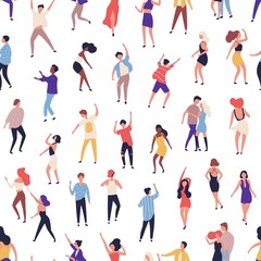 Wall Mural - Seamless pattern with tiny people dancing on dance floor at night club on white background. Backdrop with happy of men and women having fun at party. Flat vector illustration for wrapping paper.