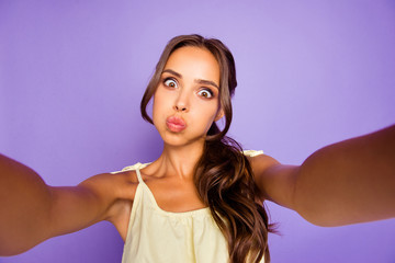 Sticker - Closeup photo portrait of pretty excited comic joking humor nice glad ecstatic crazy she her lady holding web cam using hands having video call blogger influencer isolated violet background