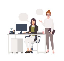 Aufkleber - Pair of women working at office together. Female clerks dressed in smart clothes sitting in chair and standing at desk with computer and talking to each other. Flat cartoon vector illustration.
