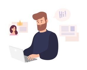 Smiling man sitting at computer and using dating website to chat or searching for girlfriend on internet. Cute bearded guy trying to find romantic partner online. Flat cartoon vector illustration.