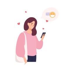 Aufkleber - Cute happy girl holding cellphone, using mobile dating application to chat or sending romantic message. Woman with smartphone searching for romantic partner online. Flat cartoon vector illustration.