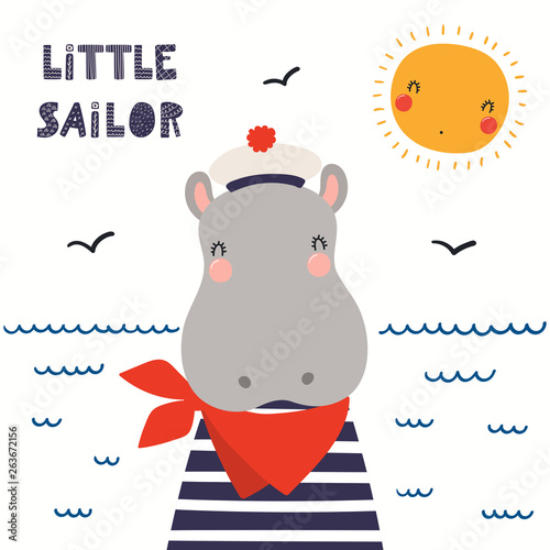 Hand drawn vector illustration of a cute hippo sailor, with sea waves, seagul...