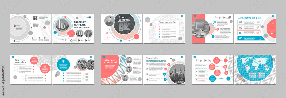 Brochure creative design. Multipurpose template, include cover, back and inside pages. Trendy minimalist flat geometric design. Horizontal landscape a4 format. - obrazy, fototapety, plakaty 