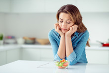 Close-up Portrait Of Her She Nice Lovely Charming Attractive Sad Bored Dull Disappointed Brown-haired Lady Looking At New Green Detox Vitamin Salad In Light White Interior Style Kitchen