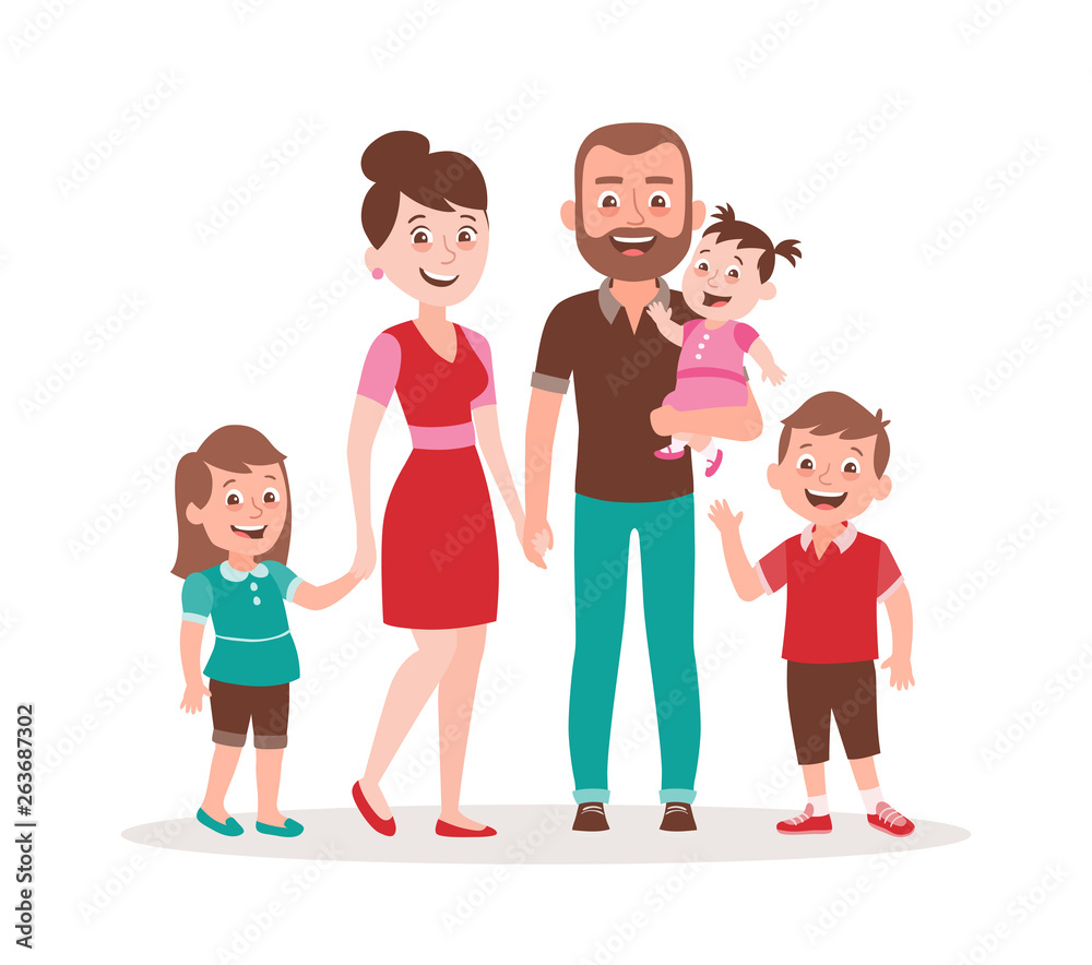 Happy family portrait. Father, mother, daughter, son and a baby girl. Full  lenght portrait of family members standing together. Vector illustration in  cartoon style isolated on white background. Stock Vector | Adobe, image size:1000x884