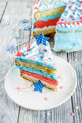 Homemade American United States  Independence day cake, for 4 July party, with sugar stars, striped cream decoration, wooden background copy space