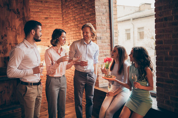 Canvas Print - Company of nice attractive pretty classy cheerful positive guys ladies having fun talking romantic atmosphere every year Easter day tradition custom in industrial loft interior room indoors