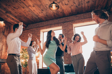 Canvas Print - Close up photo classy best friends club people hang out dancing great evening drunk birthday sing singer songs she her ladies he him his guys wear dress shirts formal wear sit sofa loft room indoors